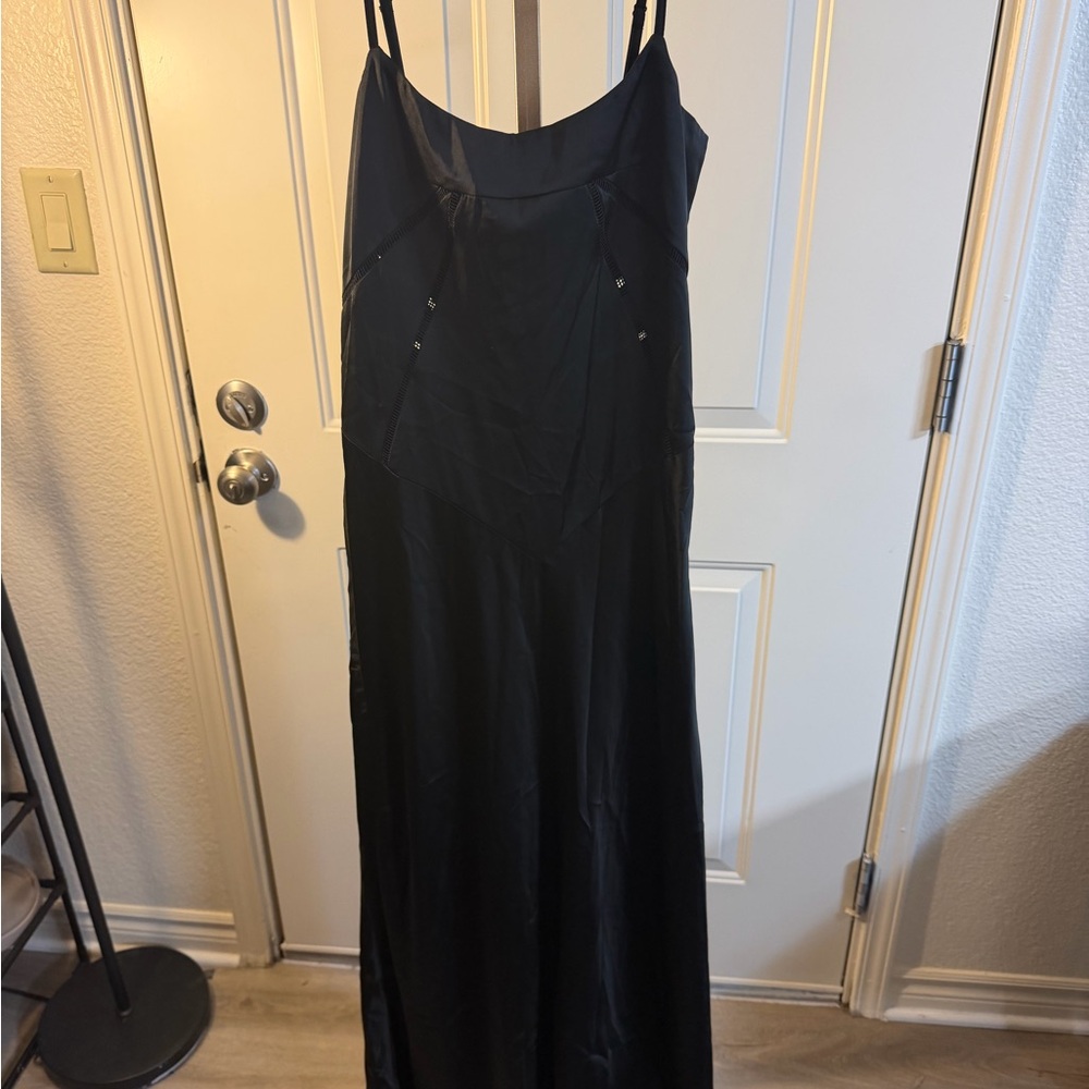 NWT Black Satin Maxi Dress Lace Up Back Slip Dress Size L